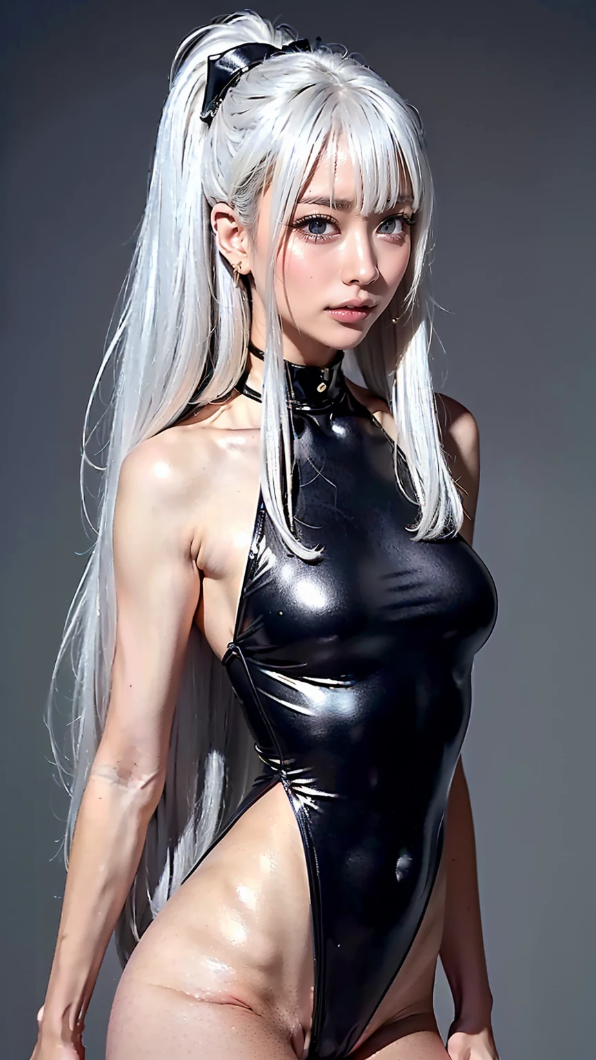 female ager with white hair, white skin and blue eyes smiling in short black dress full body