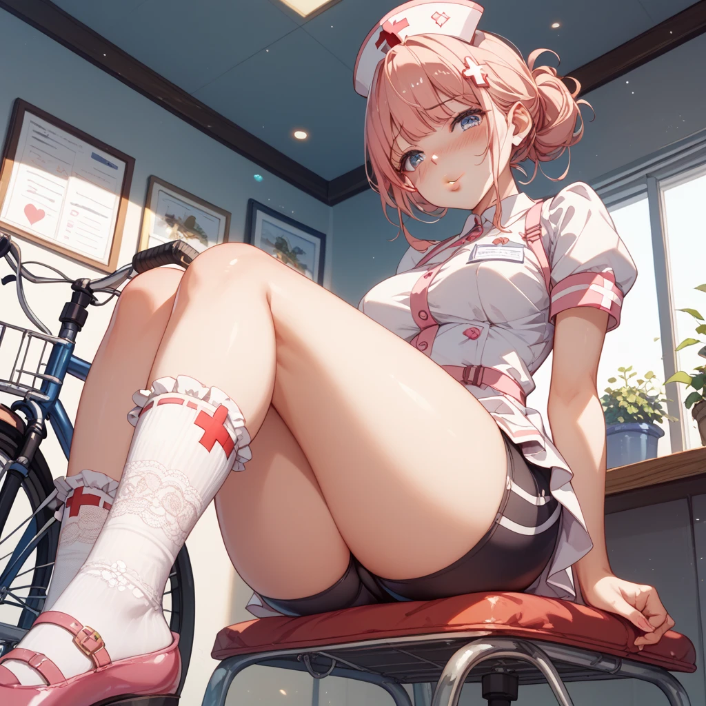 High-resolution images, Atmospheric perspective, 8K, Very detailed, Accurate, Highest quality, Anime Background, 1 female, at last, (Ecstasy face), (Droopy eyes), (blush), ((sleepy)), (((Exquisitely designed, Luxurious and colorful shorts for adults, panties High-resolution images, Drawing pants with extreme precision))), ((Showing off her pants in a unique pose)), ((Spread your legs, Please put your feet up)) Open your mouth, (shirt, (Swollen areola)), ((Thin thighs, Thin legs)), pantyhose, Earrings, Simple Necklace, (rubbing masturbation), ((Orgasm moment)), (Angle from below), Put your hair up, Factory Clerk, Uniform jacket, Nameplate, At the factory,Nipples are visible、stockings、(V-shaped splits)、