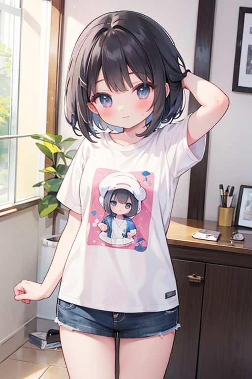 1girl in、A smile、Relax in your room、Wear only a large cutter shirt、(small tits)、