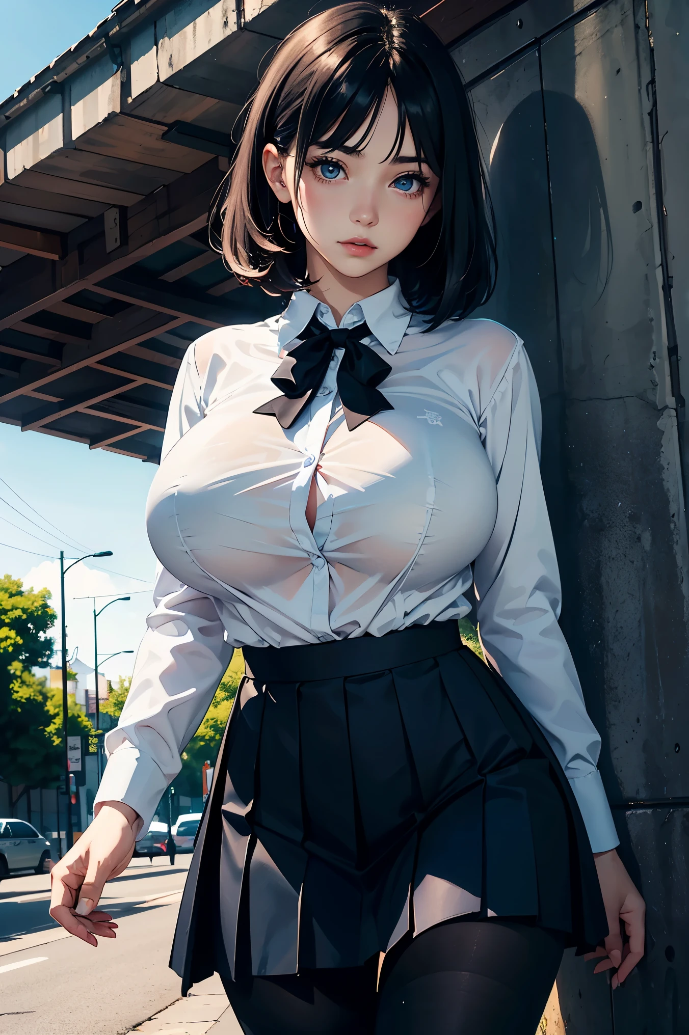 A teenage girl、(​masterpiece:1.4)、(in 8K、realisitic、Raw photo、top-quality:1.4)、(Real Face:1.4)、(real looking skin:1.3)、超A high resolution、A hyper-realistic、Eyes in Beautiful Details、Black shorthair、耳环、Dark blue pleated skirt、White underwear、White bra、(huge-breasted:1.5)、gargantilha、cleavage of the breast、Blushing、alluring face、Troubled look、Lift the hem of the skirt yourself、Skirt flipping、I see underwear、Standing against the wall