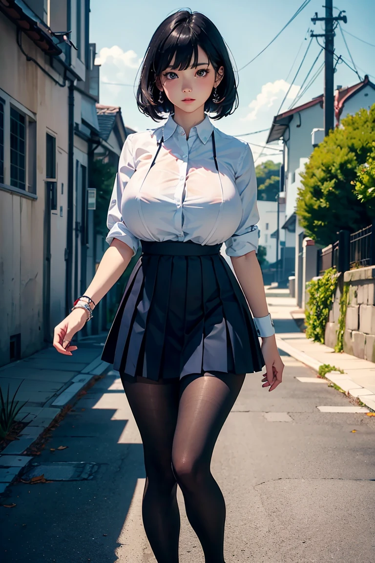 (8K, Raw photo, Best Quality, masutepiece, Realistic, Detailed face, Detailed skin, Warm color temperature:1.2), (1girl in, Solo:1.5), (Ople:1.3), Beautiful japanese girl, Cowboy Shot, (skinny:1.1), (Short stature, Height 148cm, Petite:1.3), (Short hair, bobhair:1.2), Forehead, Brown hair, No bra, Tighttops, Tight, (White collared shirt, Pink tie, Pink microskirt:1.2), Panties, knee high socks, Huge breasts, Smile, Shy, Dull color, Standing, facing, Night, Street, BRAB 5_Realisian V50_PFv30