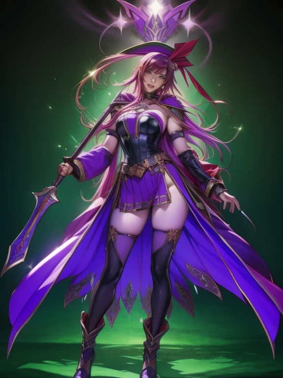 A pink haired woman with violet eyes with an hourglass figure in a dark magician girl outfit is posing in a dark forest with a big smile