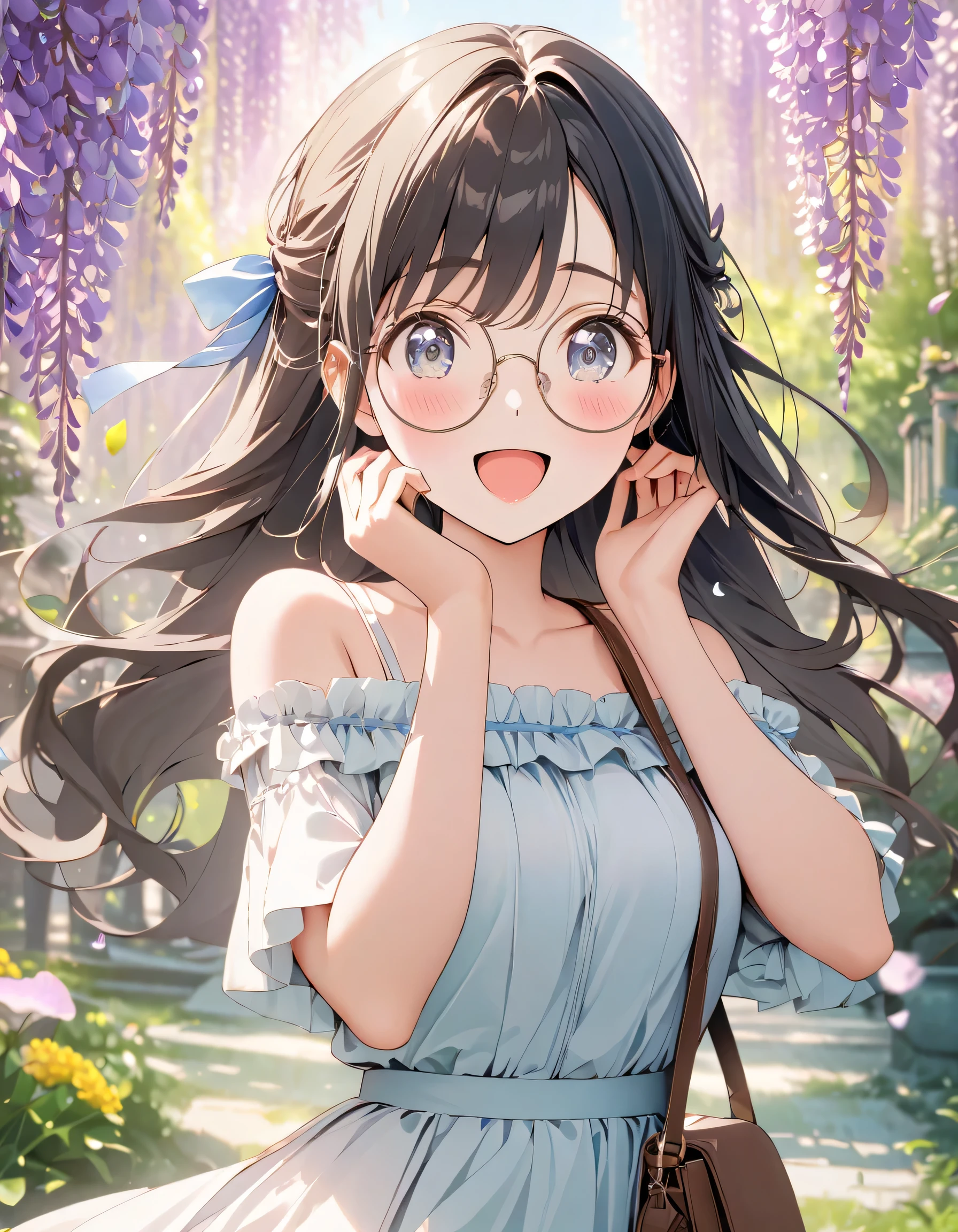 (score_9, score_8_up, score_7_up), source_Anime, absurd_res, white, blue, black, 1girls, solo, upper body:1.3, super fine illustration, an extremely delicate and beautiful, best quality, masterpiece, 8K, spring setting, thick eyebrows, half updo, Sagging eyes, long hair, ((black hair:1.3)), brown eyes, ((wearing glasses:1.3)), ((round eyewear:1.3)), hair ribbon with red, fluttering hair, ample breasts, off-shoulder with bluepurple, culotte skirt with beige, shoulderbag, cry with joy:1.4, eyes are moist with tears:1.2, happy:1.4, joyful:1.4, laughing:1.3, blush:1.3, looking viewer, spread arms, along the wisteria blossom:1.4, wisteria blossom petals dancing:1.3, from front, dynamic pose, contrapposto pose, soft fabric movement, warm and bright atmosphere, soft lighting, delicate color palette, detailed clothing folds, flowing hair, lively spring vibe, highly detailed rendering, breathtaking composition,