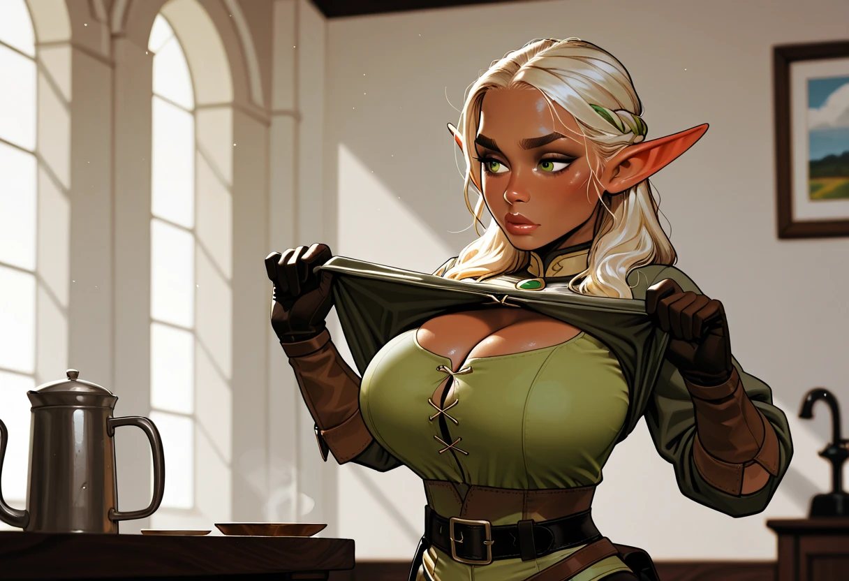 Kizi, long blonde hair, bangss, thin face, eyes large, thick lips, small mouth, elf ears, earrings in ear, strong bodie, short blouse, showing her navel, nini saía, big-ass, Breasts huge, defined thighs, high-heels, cup all, front-facing, antler, evil gaze,