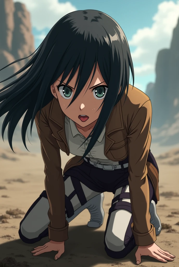 A girl with long black hair and blue eyes runs and cries after a muscular guy with short blond hair, which is gradually disappearing. anime style "Titan Attack".