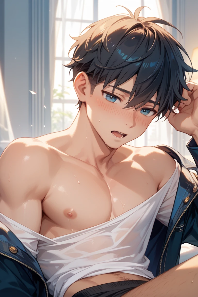 a beautiful boy, 14 years, very fine European features, Brown hair, blue eyes, sad look, peaceful look, naked,.strong chest, big nipples, pointy nipples, very masculine, large genitals, expressing milk.