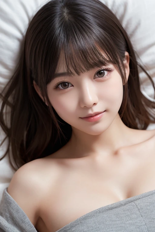 ((sfw: 1.4)), detailed face, cute face,brown eye,master piece , best quality , highly detailed , dresses , (matured female) , lie down , arm up , armpit , from above , japanese , smile , bed room