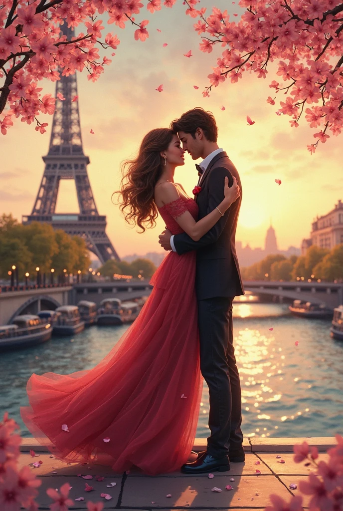 Showcast a beautiful paper collage with soft colors illustrating a romantic scene in Paris
