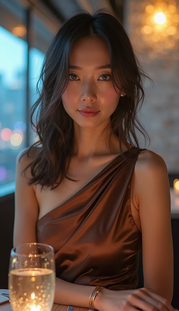 Female supermodel. Taiwan, Kenting National Park restaurant. Black evening dress. Sunset