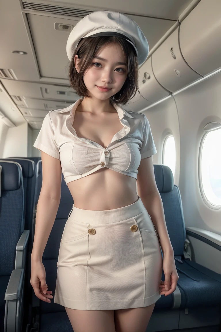 ((of the highest quality, 8K, masutepiece: 1.3, Raw photo)), Sharp Focus: 1.2, (1 AESPA Girl :1.1), (Solo: 1.1), (Realistic, Photorealistic: 1.37), (Face Focus: 1.1), Cute face, hyperdetailed face, (short messy hair: 1.2), (updo: 1.3), small breasts, flat chest, nude, thigh, Beautiful flight attendant, airport, Meticulous beautiful flight attendant outfit, chiffon panties, squatting, Restricted cap,