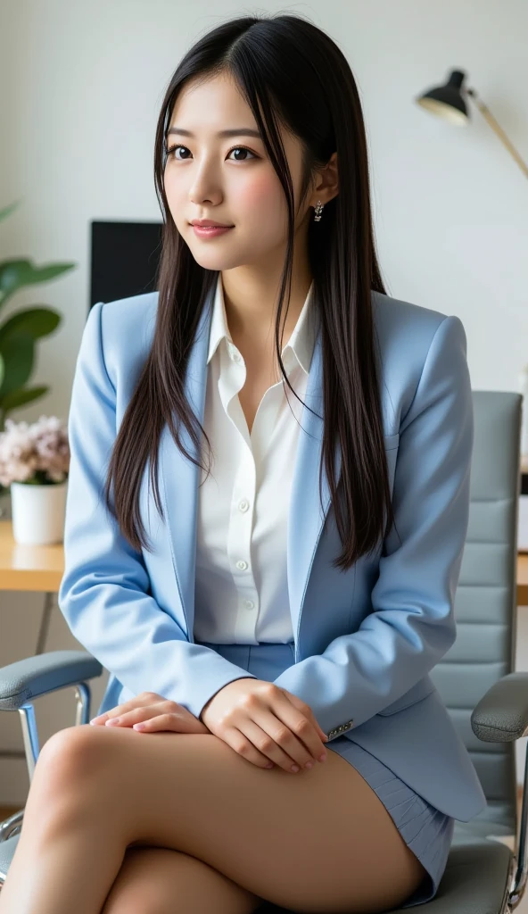Realistic, (clear, High-quality images), model, (Job interview, interviewer'Perspective), I can see your thighs, A woman wearing a miniskirt sits on a chair、Front view of the person looking straight at the interviewer, Seduction by showing off her white panties, Very large, (Breaststroke prohibited), Unbuttoned shirt, smile, beautiful eye smile, Well defined sternum, Spread your legs boldly, clearな陰部の痕, Front down angle, Bookshelf, window, Suit jacket, Small earrings, (Stylish glasses),