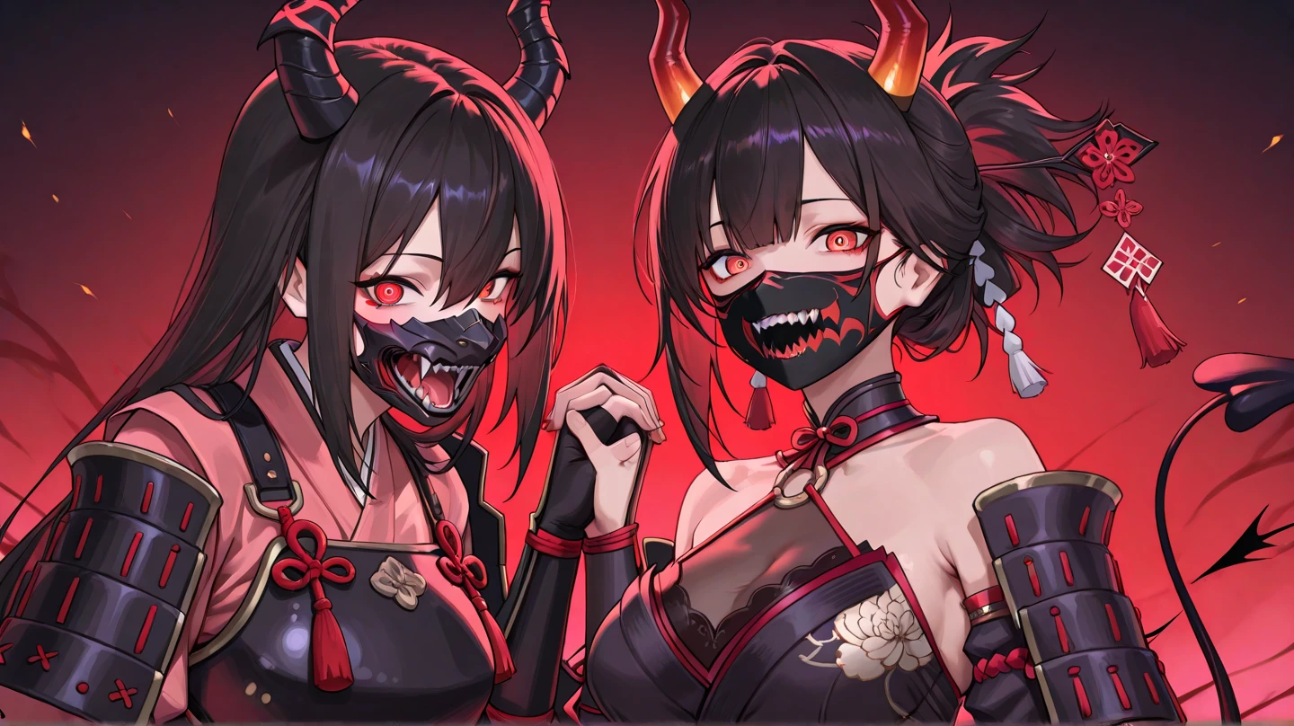 (1 demon girl), front lighting, demon horns, red kimono, big breast, cleavage, detailed face, walking in tokyo 200 years ago, black hair, black hairpins, (blushing: 1.5), open mouth, hand, licking finger, heart eyes, (full body except foot), front lighting, 8k, masterpiece, ultra HD,
