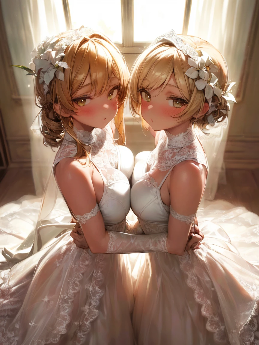 (Best Picture Quality, 4K, High Quality, Masterpiece:1.2), ((Masterpiece)), High Detail, High Quality, (HDR,16k, RAW Beautiful Girl Portrait, Best Picture Quality, Masterpiece:1.2), (Ultra-Definition Illustration), (nsfw:1.1), extremely cute, round face, (blond wavy short hair), (2 girls, lesbian:1.5), lying on bed, sleeping together, beautiful light, stare at each other, gorgeous wedding dress, sleeveless, wedding veil, embarrassed, crying hard, white pantyhose, garter belt, armpits, spread legs,