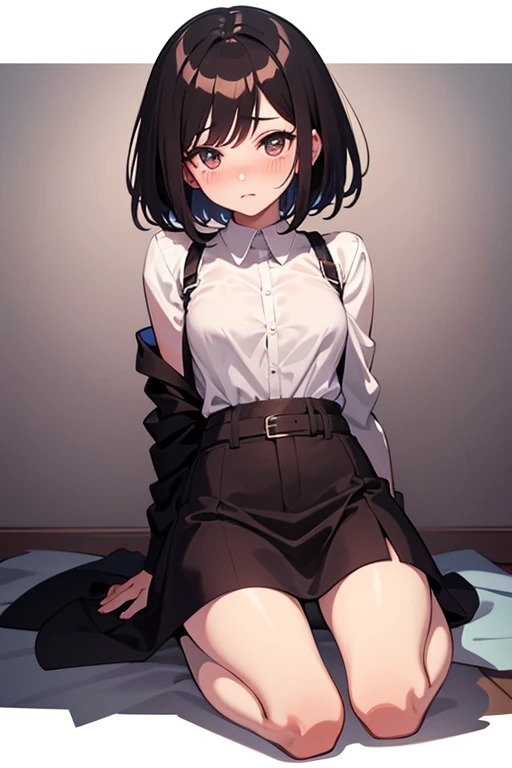 (Highest quality), (masterpiece), 1080P, High resolution, 4K, 8K, Panty stains, suspenders, Maruka Higuchi、Higuchi_Madoka、Mature Japan、1 person、thin and thin legs、The whole body from head to foot、Sit on、、(black_pantyhose):1.2)、Showing white panties through stockings、Very beautiful 17 year old girl, Innocent big eyes, (brown_short_hair),,(前hair),dishevled hair,(hair clips),A slight blush, alone, Looking at the audience, Showing white panties、Flip up the skirt、Skirt flip、pull up the skirt with your hands、Show your underwear、Show off your pants with your own hands、Panty shot、Wide-open legs、Panties digging into the crotch、 Spread your legs、Spread your legs、High school uniform white blouse、High school uniform blue ribbon、Navy high pleated skirt、 spread legs, legs up, sole