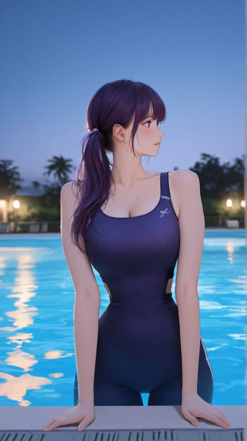 (Representative work: 1.2), (Best quality: 1.2), Solo, One girl, Shinobu little butterfly, happy smile, On face, Realistic eyes, Lilac eyes, Wet face, Black hair, (sport clothes: 1.4), Taisho era, rear view, shows ass