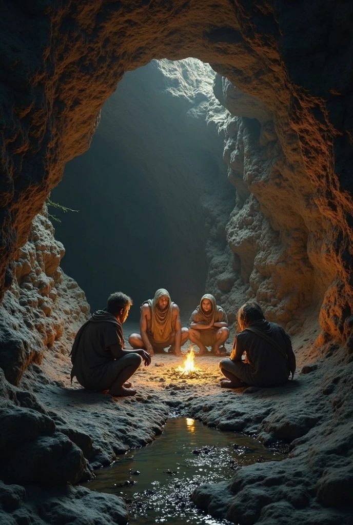 cartoon,People in black robes sitting at a stone table in the 1980s,Background cave,Gray environment,There is a bonfire