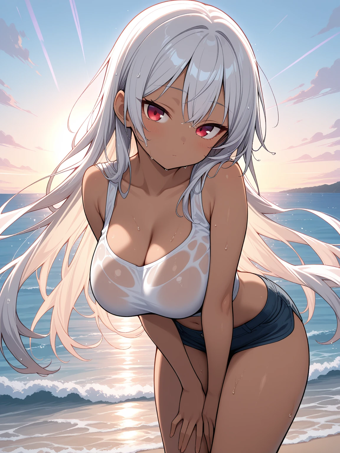 Draw naked girl, breasts natural, Without clothing, pumped body, white hair, bunny ears, red eyes, angry face, wet skin, tanned skin, beach, sun, woman, solo, Bottom view, Underpants