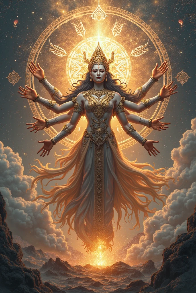 AI image of thousand hands thousand eyes  buddha figure in white outfit brighter background and all hands holding different types of weapons and tools. 