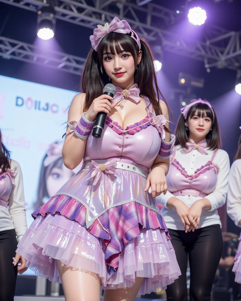 ((super high quality、High resolution、masterpiece、 Anatomically correct、Highly detailed photos、Ultra-realistic photos、 Highest quality))、(((((One person)))))、View your audience、Live Stage、Spotlight、(Cowboy Shot)、(Idol Costumes:1.2)、((Fan voyeur:1.2))、(Huge breasts:1.2)、Tight waist、Detailed face、Perfect figure、Black Hair、(Vulgar Idol、Vulgar costumes:1.2)、cloth