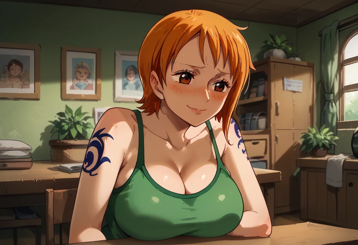 Orange hair, asymmetrical bangs, over-rim eyewear, heart-shaped eyes, ahegao, full-face blush, chiaroscuro, UHD, anatomically correct, textured skin, high details, high quality, 4K, (Nami)
