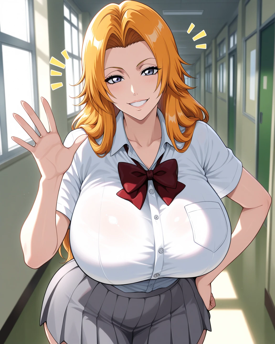 want to give a hug, want to give a kiss, open her arms, sitting on chair, very tempting pose, (topless white school shirt), (black short pants), (classroom background), matsumoto rangiku, takeda hiromitsu style, anime cels style, best quality, high resolution, (huge breasts:1.3), cowboy shot, (potrait body), blush, puckered up lips, closed eyes, Blonde hair, bangs,Long_hair, 1 girl, looking at viewer, (orange hairy vagina)