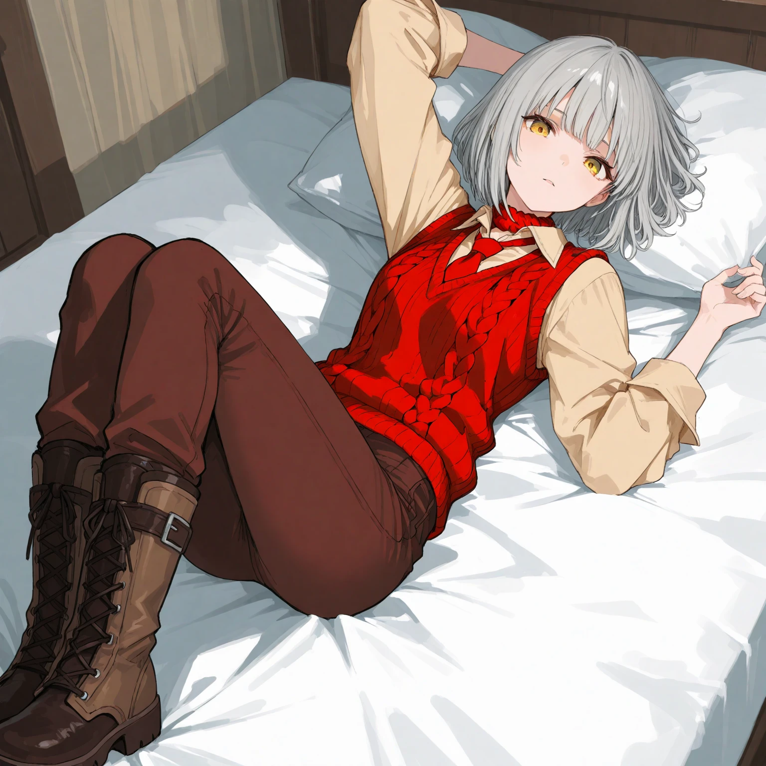 ((highest quality)), ((masterpiece)), (be familiar with), CANAAN, 1 girl, alone, silver hair,brown skin,red eyes,long pants,red sleeveless,Clothes with a visible back, Slender,slender,short hair,small breasts, erect nipples, gloves, put your hand on your waist,Separate sleeping quarters at the hotel