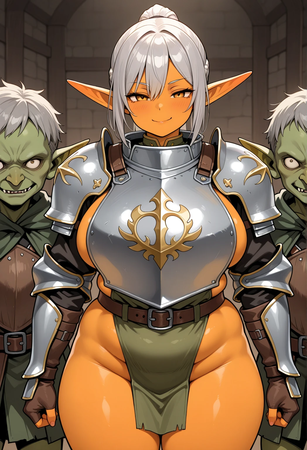 One girl,18-year-old,Excellent anatomy, masterpiece, Highest quality,Realistic, hyperRealistic, 16k hdr,(Dark Elf, Dark Skin:1.5),(Earrings,Silver Hair,Bobcut,Braiding,,Cleavage,damaged body,Sweat,Beautiful Face,Mature Woman,Muscular Paladin,Torn Costume,Arm guard,Leg guards,Shoulder Armor:1.2),(blush,anger,Spread your legs,On all fours,top down :1.4),Fantasy World,Outdoor,village,blue sky,(Surrounded by many vicious horny goblins:1.6),(Metal collar,Tied up,Chained:1.5),(Pull the leash,lead:1.3),(From the side:1.1),standing doggy sex,((A female warrior being raped by a goblin:1.7)),A lot of semen