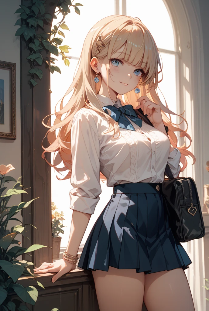 (masterpiece, best quality:1.3), 1 girl, 独奏, teenager,(top quality eyes:1.3),18 year old girl、Idol-style in your own home。A girl wearing a sparkly top and a fluffy tulle skirt。Wear a ribbon hair band、Wearing colorful socks。In the background there is a bookshelf and a window.、The outside view can be seen from the window。The room has a dressing table and a bed.、A girl is posing in front of it