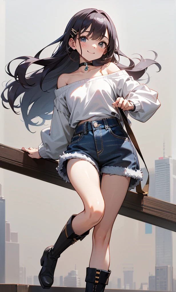 (masterpiece:1.2, best quality), (real picture, intricate details), 1lady, solo, white cropped shirt, long hair, minimal makeup, smile, home, crossing legs, black dolphinshorts,
