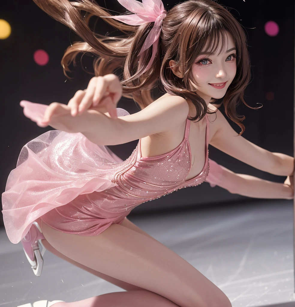 Photo-realistic quality、Japanese idol in a leotard performing rhythmic gymnastics ribbon routine, White ribbon、Beautiful Japanese Model、An elegant and neat girl, Dance with grace, Detailed and beautiful eyes、Cute smile、A soft and gentle look