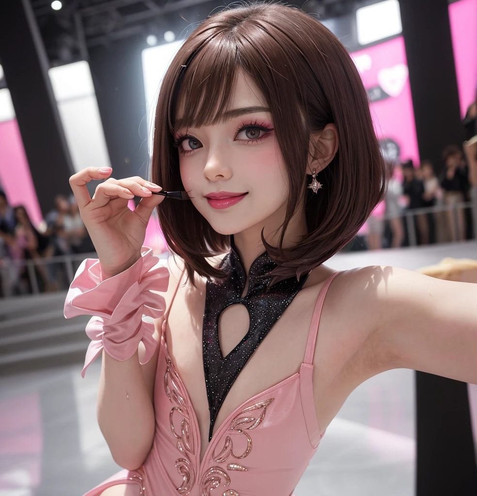 Photo of two realistic black Sazabi girls,Shortcut Bob Cut,I have a lot of hair,brown eyes,Hair color is bright pink,cool look,background is gray,16 year old daughter of Haman Khan and Char Aznable.