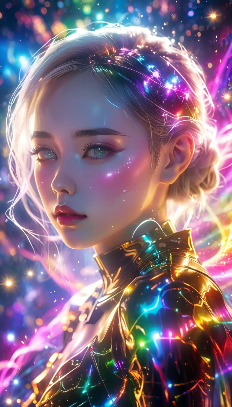 Fluorescent Color, 1 girl, Look to the side, Pretty Face, beautiful eyes, (Shoulder: 1.2), Upper Body, Shiny hair, Glowing skin, Reduce glare emissions, The fingers are in good proportion, dark, Throw, Dynamic Angle, (((Main Part))), (((Better quality))), ((Ultra Detailed)), (illustration), (Detail Light), ((Extremely exquisite and beautiful)), dramatic_shadow, Rays_track, reflection, Ultra-high resolution, laser, Red Cliff