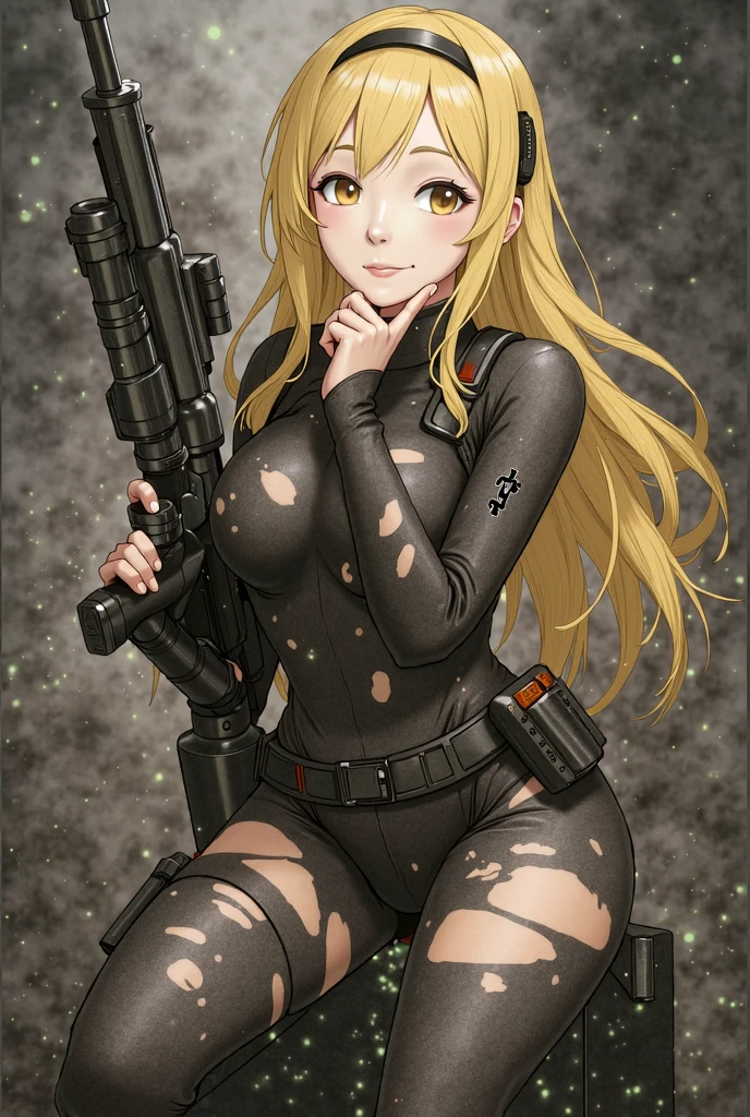 <lora:yamashita_shunya_v0.1:1.0>
1girl, solo, long hair, breasts, blonde hair, gloves, medium breasts, sitting, ponytail, weapon, boots, bag, hair over one eye, gun, bodysuit, handgun, riding, saddle, masterpiece, best quality, highly detailed