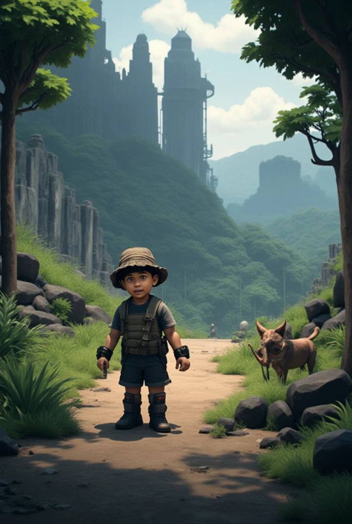 The Mysterious Island Treasure Hunt: Envision a tween boy, accompanied by his loyal dog, embarking on a treasure hunt on a mysterious island. Dressed in explorer gear, he follows a treasure map through lush jungles and hidden caves. The scene should capture the spirit of discovery with Wes Anderson's whimsical colors.