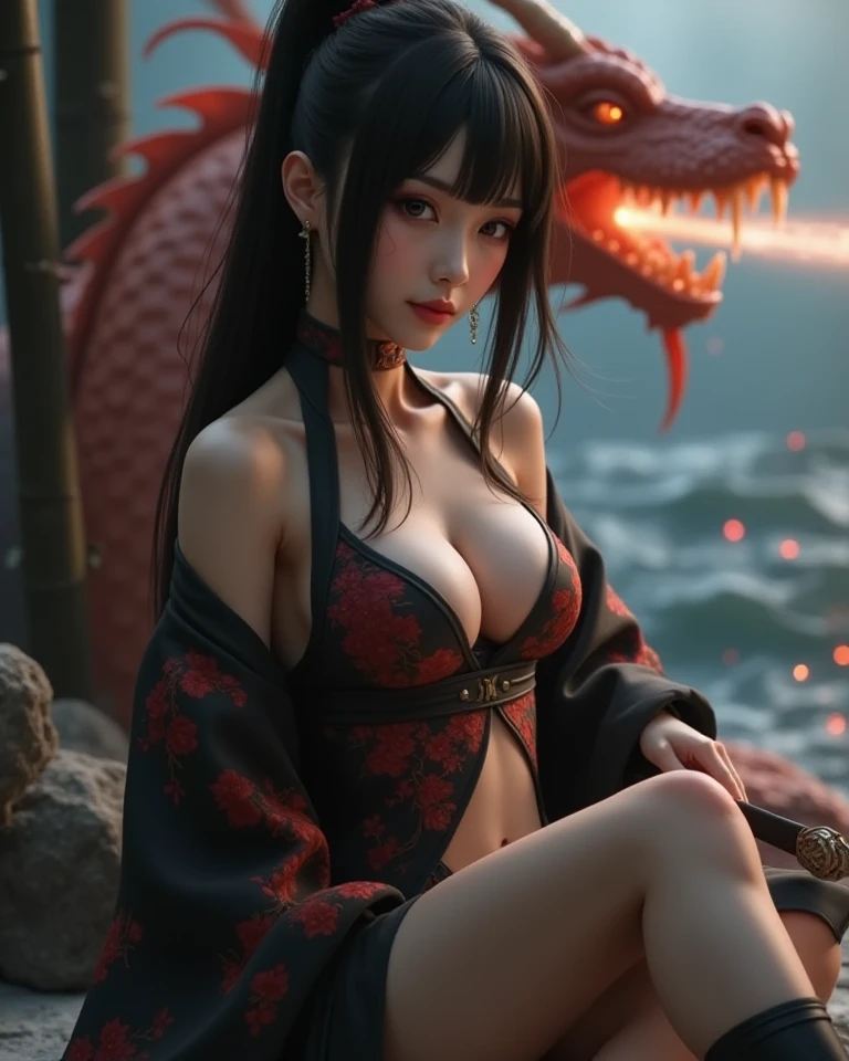 8yk, raw photo, (masterpiece), (best quality 8k), high resolution, (1 girl) vampire geisha, beautiful woman, hot, night maiden, big breasts, goddess of darkness, wearing a short red and black kimono with skulls drawn (realistic, photorealistic: 1.2), ultra detailed, physically-based rendering, blood dripping on the side of the mouth