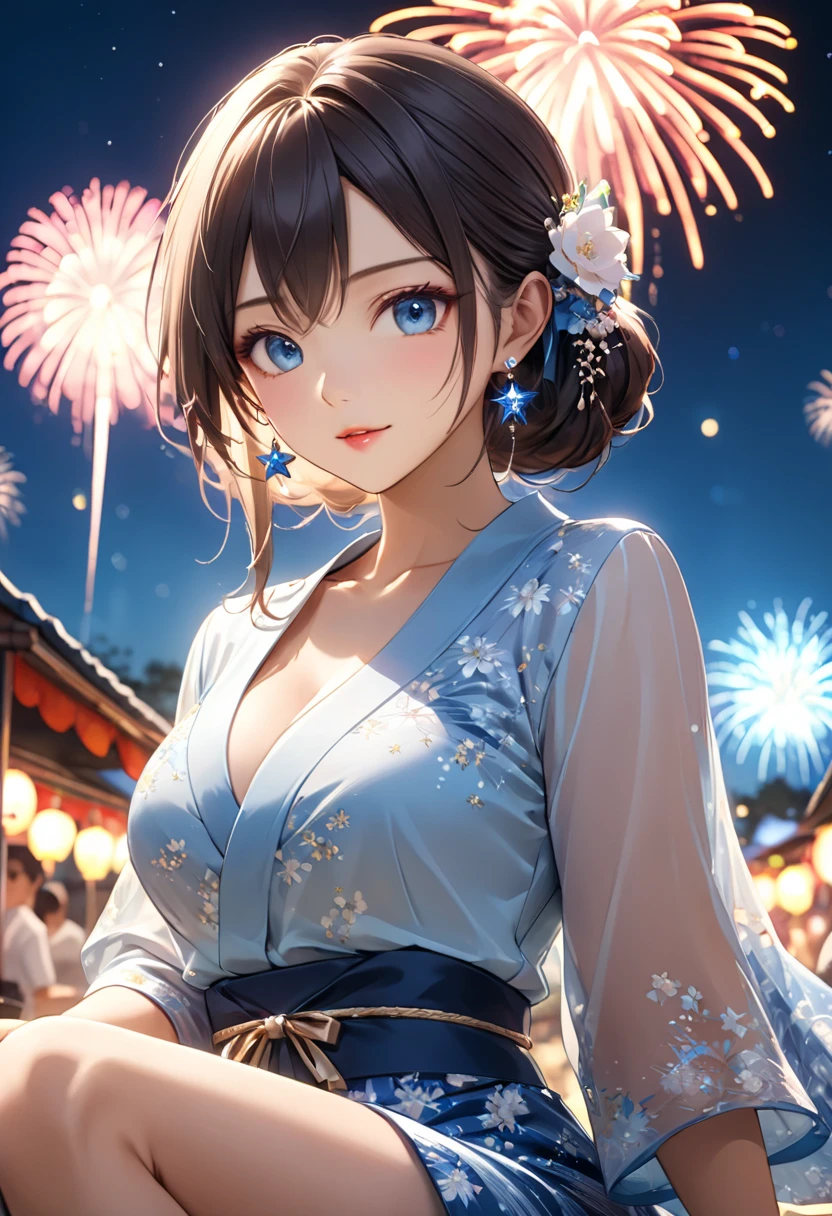(beautiful mature adult woman),(flower hair ornament,floral braided top knot,twisted side part ponytail,floral braided headband,half up、floral braided space buns,voluminous fishtail braid,Twisted pan,),(The bangs are see-through bangs),very delicate and beautiful hair,(((emphasize the chest:1.3))),(dynamic angle),(dynamic and sexy pose),laughter、Looking back wearing a floral yukata isolated on white background、Fireworks are launched into the sky against the backdrop of the riverbank at night.、cute round face,,(table top,highest quality,Ultra high resolution output image,) ,(8K quality,),(sea art 2 mode.1),(Image mode Ultra HD,)