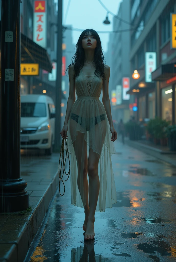 a beautiful girl in a white dress, black stockings, barefoot with long black tangled wet hair walks through an empty city at night, there are a lot of zombies behind her