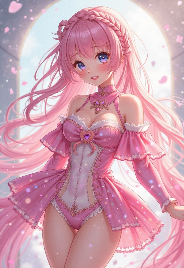 (( barbie pink emerald hair color)), pink eyes,sexy woman, cat ears, hearts, floating hearts, face only,  long hair, smiling, hair ornament, up close face, closed mouth smile, up closeface, hair bows, sexy body 