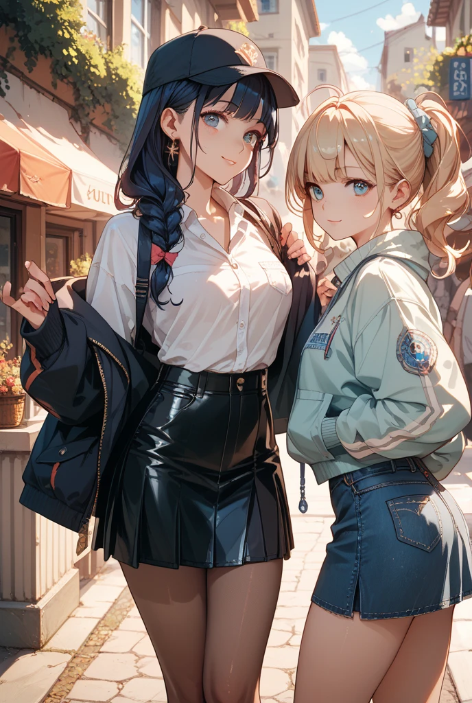 (((((2girls))))),One girl (((half twin wavy hair))) and large breasts,other girls  (((Short hair))) and small breasts,a baby face,a small face,A smile,a beauty girl,cute little,Dynamism,cleavage of the breast,Voluptuous thighs,Big buttocks,Ultra-high resolution,ultra-quality,Hi-Res,detaileds,double tooth,rendering art,Everyday clothes,relax,cafes