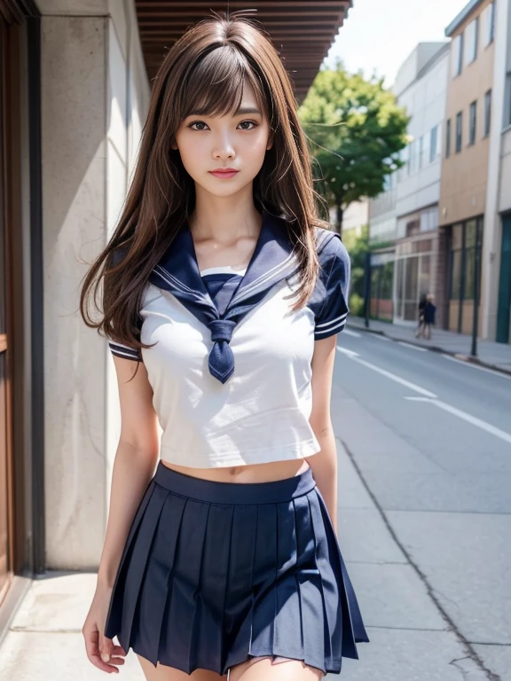 (masterpiece:1.3), (8k, Realistic, RAW Photos, Best image quality: 1.4), Japanese, (One Girl), Beautiful Face, (Lively Faces), Beautiful Hairstyles, Realistic eyes, Beautiful details in the eyes, (Realistic Skin), Beautiful skins, Charm, 超A high resolution, Ultra-realistic, Attention to detail, Golden Ratio, (Detail Makeup:1.2), View your viewers,Tabletop, highest quality, Very detailed, In detail, High resolution, Composition of the whole body、Beautiful details,, Natural color lip,Realistic、Realistic、alone、Realistic、highest quality、Very detailedな顔、Very detailedな目と顔、Beautiful and detailed、Absurd、Unbelievably absurd、Floating Hair、Brown Hair、Wavy Hairstyle、Medium Hair、(Extremely detailed CG、8K Image Wallpapers)、(Very delicate and beautiful)、(masterpiece)、(highest quality:1.0)、(超A high resolution:1.0)、Beautiful lighting、Perfect Lightning、Realistic Shadows、[High resolution]、Detailed skin、Very detailedな、Detailed face and eyes、Realistic eyes、Sharp pupils、Beautiful Face、Outdoor、Downtown Japan、Amidst the hustle and bustle、Blurred Background、Glowing Skin、Blunt bangs、Red Eye、(Sailor suit 1.2)、Sailor suits have long sleeves、Ultra HD Photos, 8K quality, School Area, Systemic composition, Looking into the camera, Japanese women, Perfect beauty, Texture with visible pores, Perfect Face, Transparent muscle, Transparent muscle, Beautiful and toned body, Muscular, thin, Small breasts, Tight ass and small breasts、Small Ass、 Bloomers (Bloomers in Japan School, Seamless Design, Monochromatic Bloomers, Bloomers are dark blue, Exactly、Bloomers are elastic fabrics、Bloomers length from navel３ｃｍThe following degrees::, )、In the middle of the road on the way home from school、bottomless、(bottomless running)