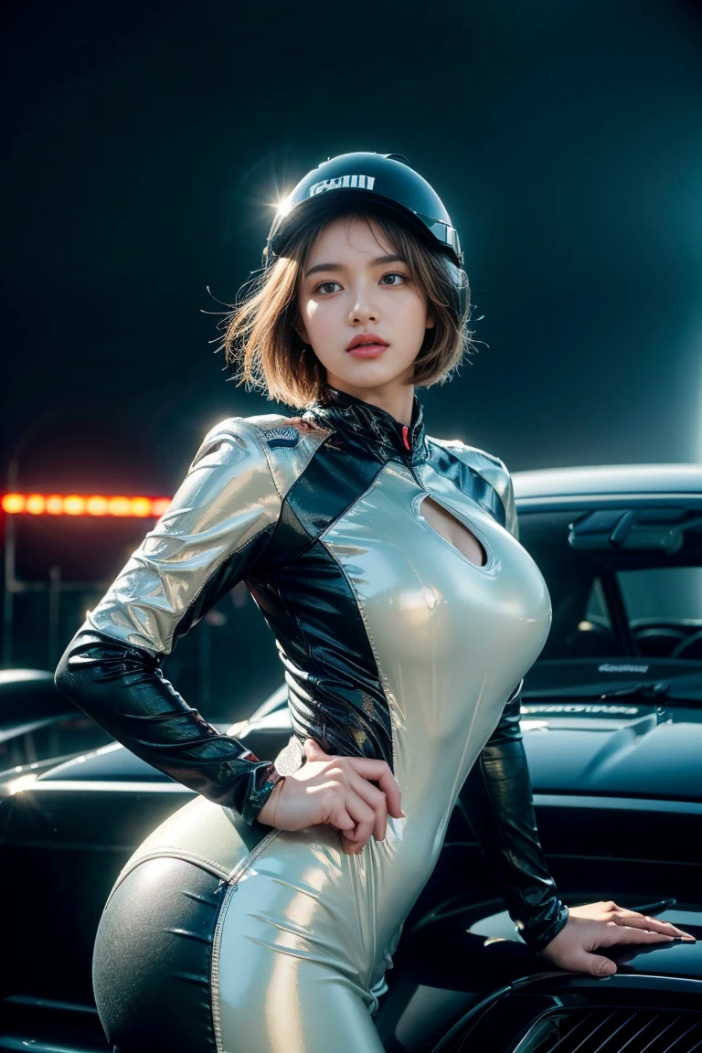 Ultra-high resolution,High-resolution details,18 years old,Beautiful face,Straight Hair, Smiling at the camera,White latex space suit glued to the body, very beautiful, very attractive, very good, Cockpit space, Large Breasts, Window on the Universe, Brown