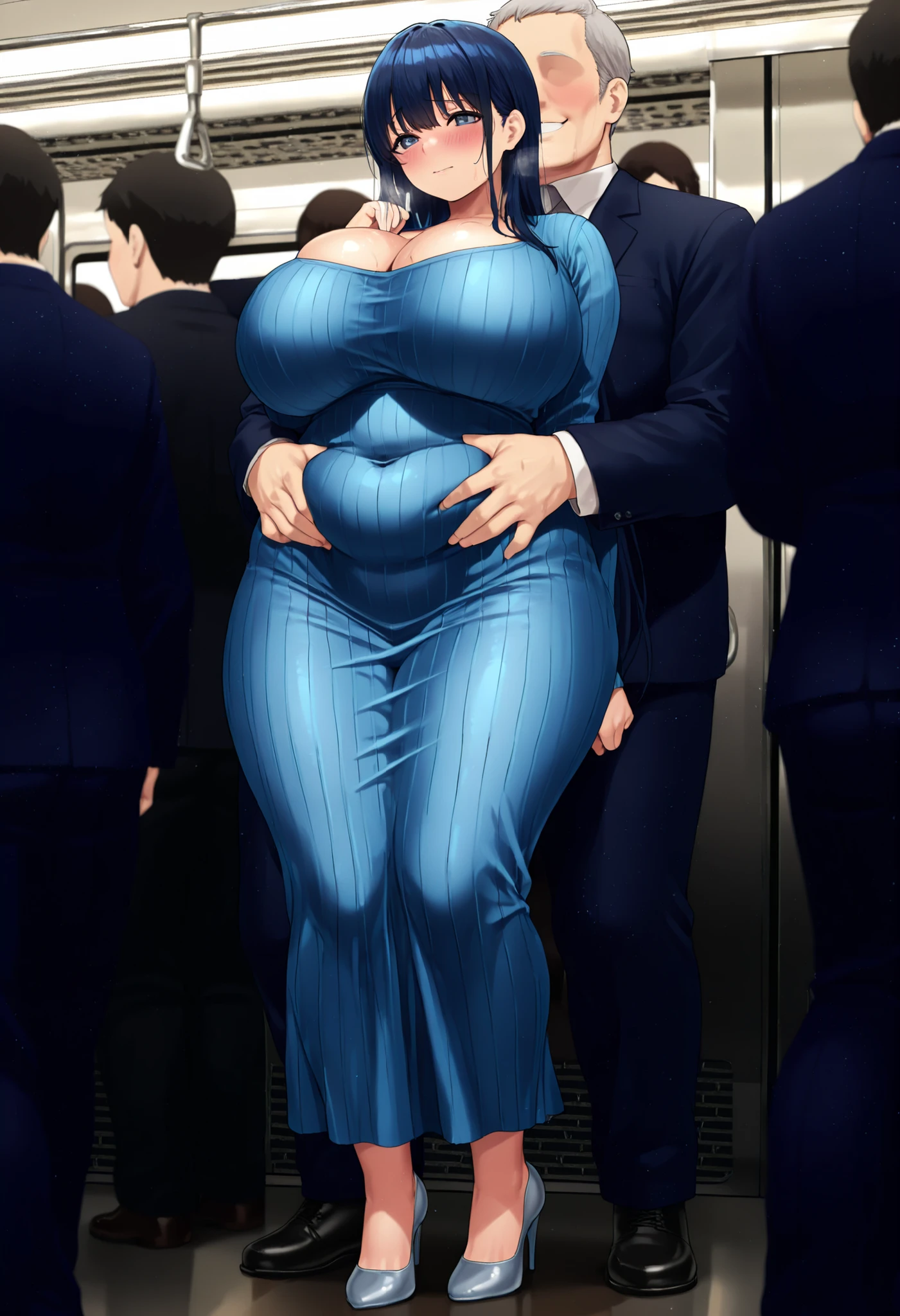,molestation、amazing cleavage 、shot from the front、( looking forward:1.0)one shy girl、Fat Ugly Hairy Middle Aged Man 1、1 faceless middle-aged man、2人でflirtatious、Middle-aged man hugging from behind、flirtatious、low angle、snuggle、NTR shooting、Rub your butt from behind、heavy breathing、 model shooting、model body type、Molester in places with lots of people、A crowded train with lots of people、Touch your butt on a crowded train、Buttocks and Body Touch Thighs, chest,huge chest, plump butt、no exposure、tight long dress、bright blue knit long dress、viewers looking straight up, standing, inside the train、high heels