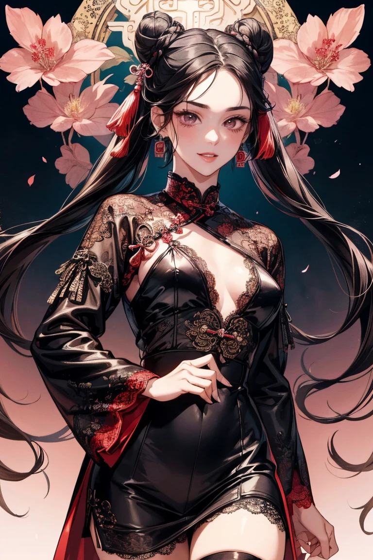 Seven Rhaeyar (Deylta), Ancient Star goddess, Perfect female anatomy (Royalty, Adult Female, 166cm in height, Cool pale skin, slim, slender, 34D breast size, Long Jet Black Hair, Gray Colored Iris , a set of Jet black colored horns on her head), Neutral facial expression, Elegant black uniform dress, female choker accessory with silver complimentary jewelry, dragon motifs, Black rope accessories, Simple Black Background, receiving light from the front, Slightly focusing on her face up close, Ethereal glow, Red Rose petals falling, Japanese inspired