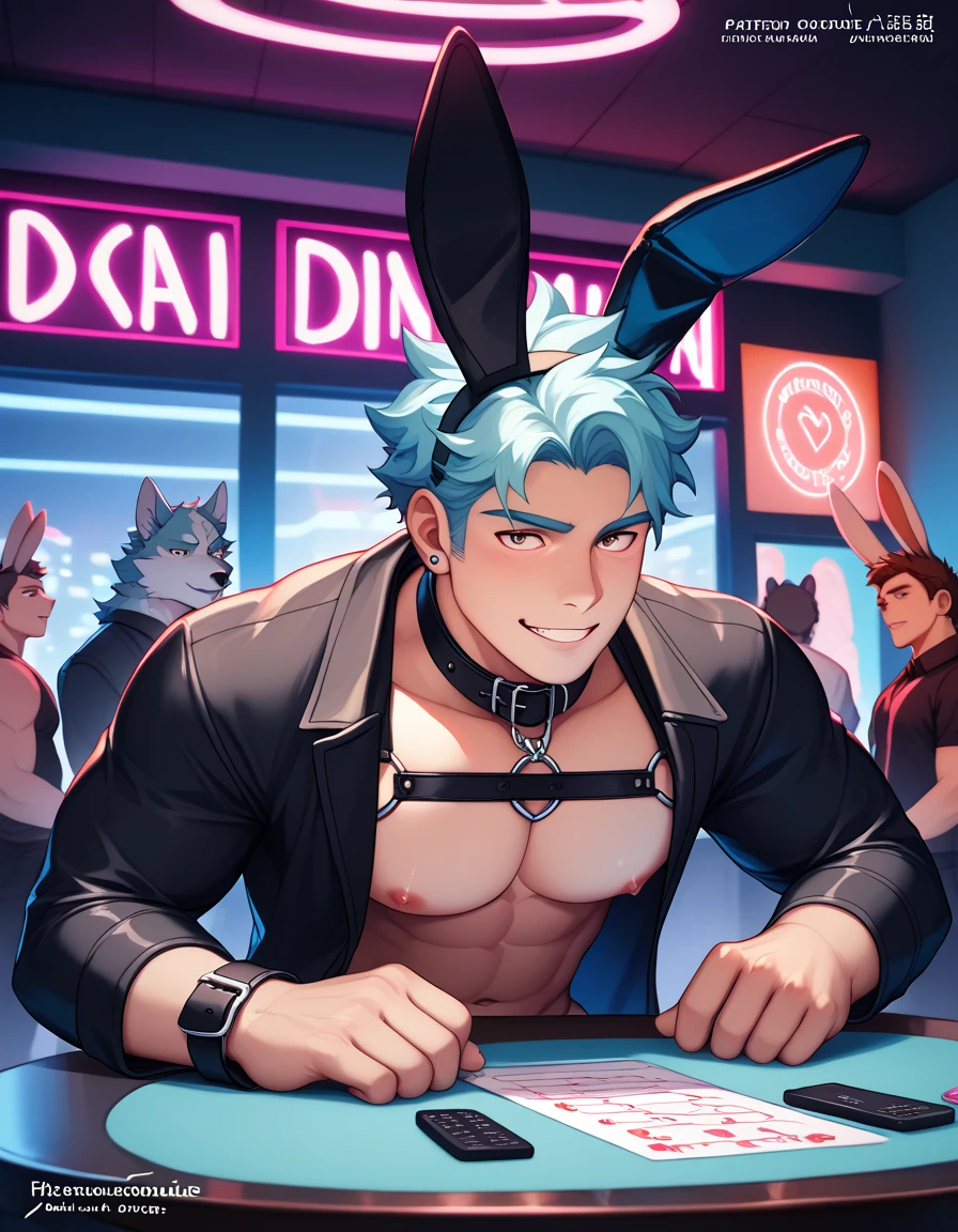 (solo:2), (boldline:-1.7), (metal tray on his hand:1.3), (glass on tray:1.5), (black bow tie:1.5), (sexy pose:1.5), (arched back:1.2), (spread legs:1.2), (((fang))), (((best finger))), BREAK (best quality:1.5), (absolutely resolution:1.5), (ultra detailed:1.5), (masterpiece:1.5), (perfect face), (detailed face), (detailed eyes), (best eyes), (cute face), (shota:2), BREAK (bunny costume:1.5), BREAK (white loincloth:1.5), (rabbit ears:1.5), (bunny tail on his hip:1.5), (bulge:1.6), (skinny:1.3), BREAK (light blue hair:1.5), (spiked hands), (wine red eyes:1.4), (eyes with highlight:1.6), ((mole under eye)), (sweaty skin), (grin:1.3), ((earrings)), (shiny skin:1.3), BREAK (casino:1.5), (money:1.5), (((spot light))), ((wind blowing)), ((nipple)), (abs), (groin), from below,