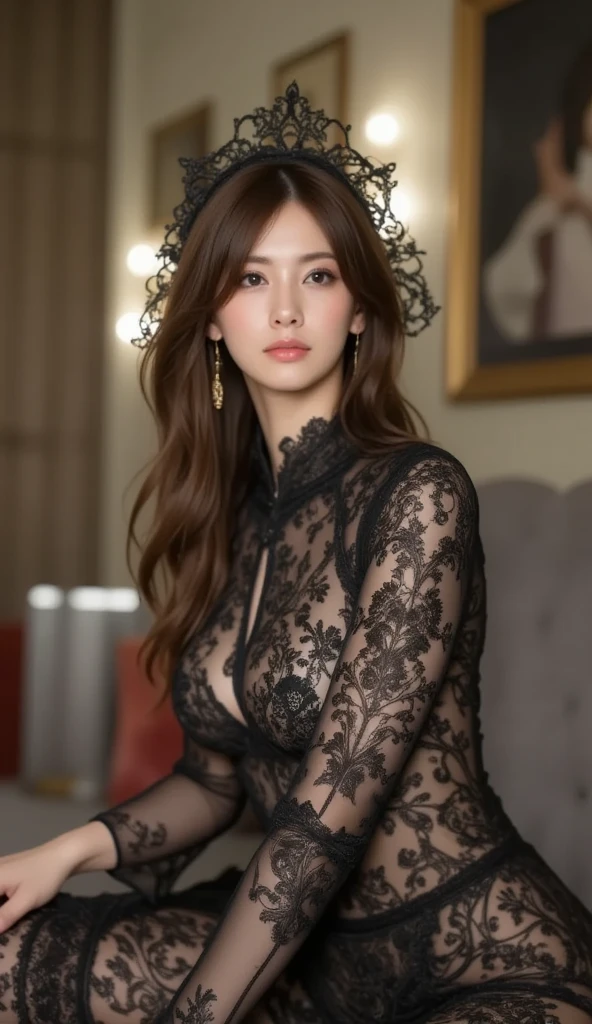 Masterpiece, Best quality, (Beautiful, Aesthetic, Perfect, Delicate, Intricate:1.2), 1 girl, Adult woman,  Copper half upper half lower hairstyle, Solo, Upper body, Looking down, Detailed background, captain, Serious, deep v big breasts, elegant cape,  decorations, Dynamic pose, On the cabin, anchor, dark cloude，Dramatic lighting, Epic atmosphere,