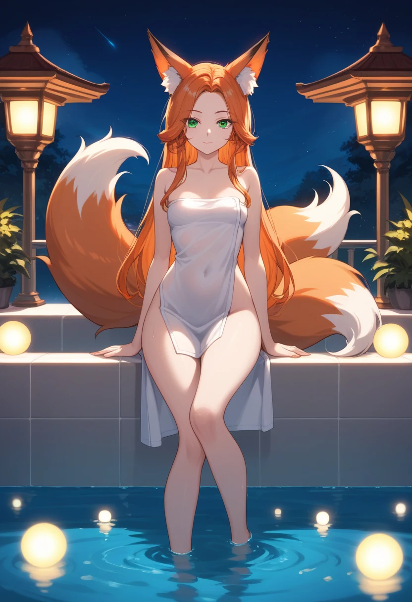 1girl with long red hair, amber eyes, fox ears, fox tail, POV, standing is water. Lake, breasts, smiling, nude