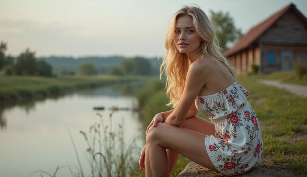 (masterpiece, Best quality, highly detailed image:1.2), beautiful woman sitting on a pier near the water, Very beautiful woman, white loose shirt unbuttoned at the chest, Beautiful female breasts, Very deep neckline, white polka dot skirt, Beautiful legs, Two legs, correct details, anatomically, realistically, loose hair, Brown hair, long hair, the wind blows your hair, bare shoulders, the shirt slipped off my shoulders, bare shoulders, beautiful hands, Sitting on a wooden pier, photo by Alexey Gurilev, Beautiful model, sitting by the pond, beautiful image, Ukrainian girl, gorgeous lady, High detail, a lot of details, Beautiful face, detailed face, daylight, solar lighting, soft natural light, natural light, complex parts