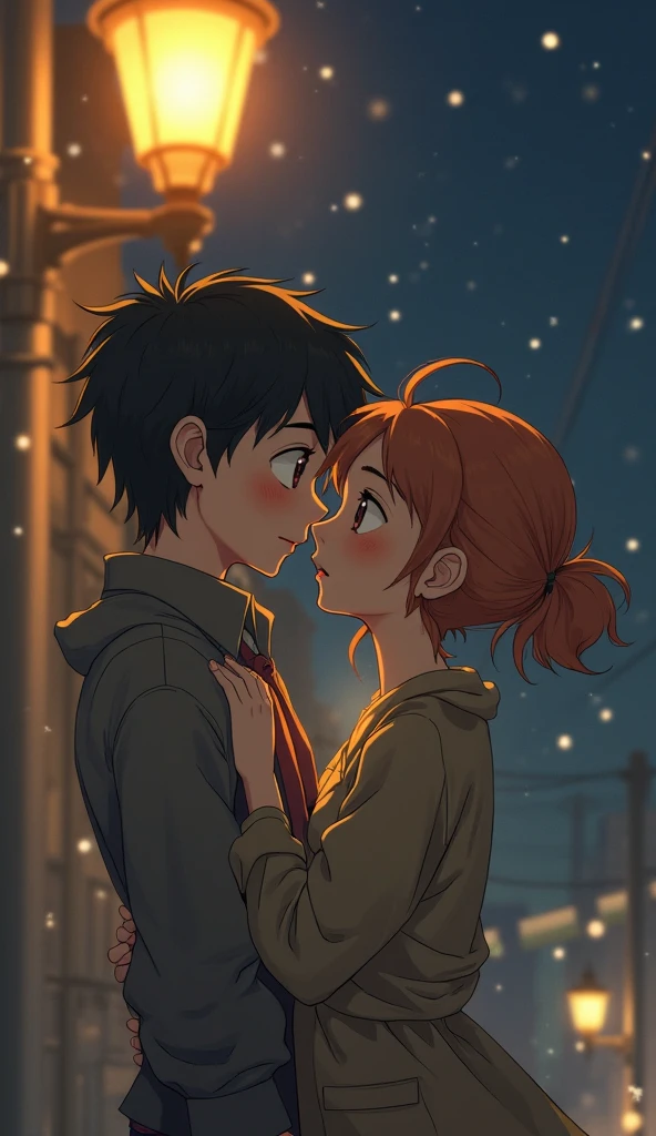 I created a pixel art of a redheaded girl, short, thick-legged in a dark room, with fireflies outside and a boy with black hair and tired eyes and make them almost kiss. make them teenager