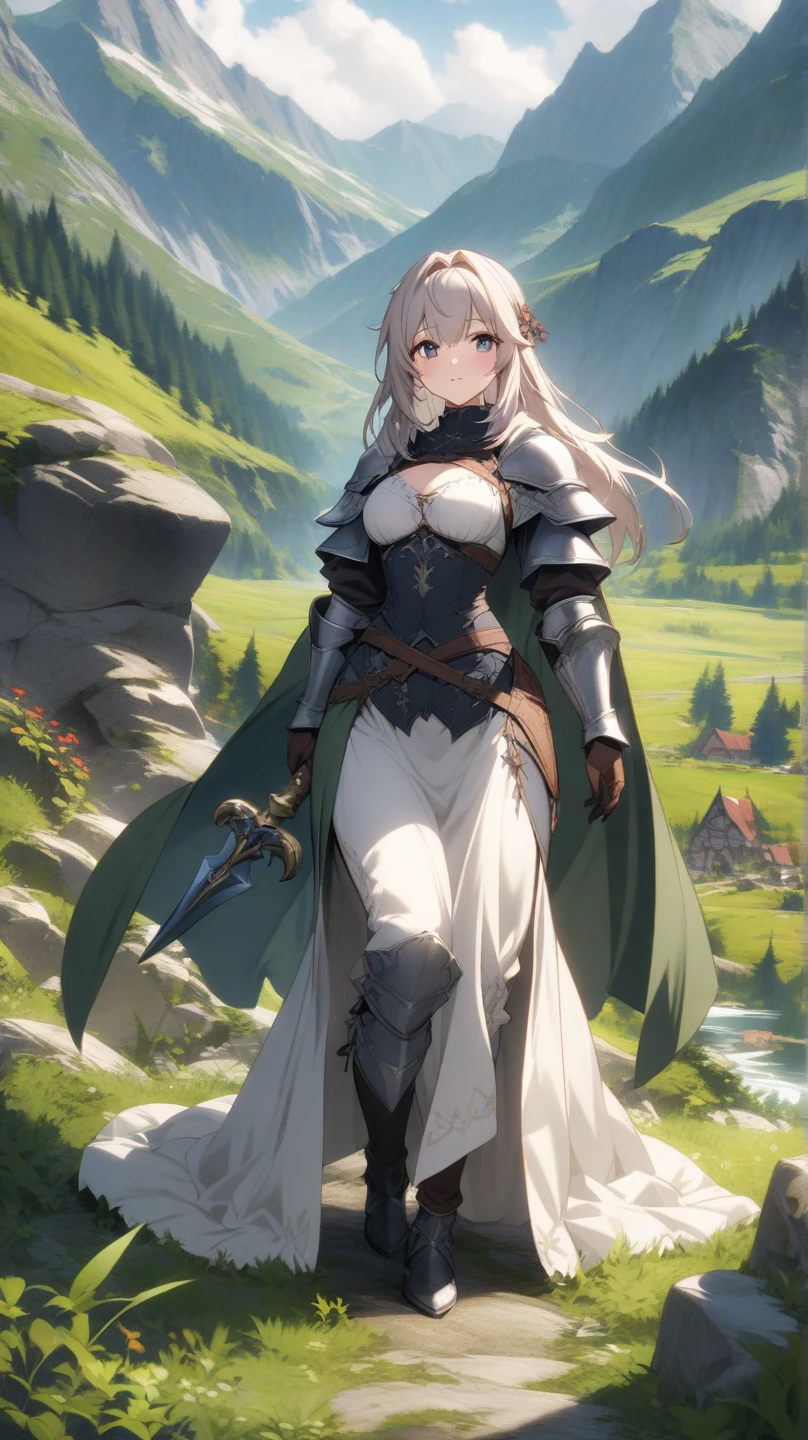 woman, tall, blonde braids, green eyes, sensual body, silver bonded armor, combat spear, brave appearance, medieval military uniform, war forest background, Granblue Fantasy