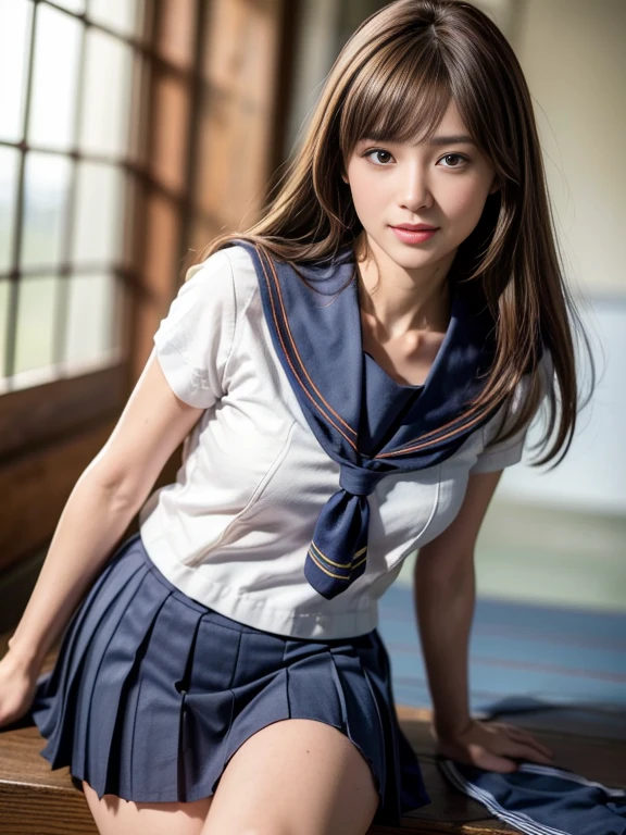 Perfect Anatomy ,Neat and clean high school girl, (school uniform, Sailor suit, Tie a ribbon around your chest, Winter clothes, The upper body is navy blue, The skirt is dark blue),In the morning, there will be a high school graduation ceremony in the large gymnasium.,長袖で昔ながらの紺色のSailor suitに膝丈のプリーツスカートを着て体育館シューズを履いて,((He is sitting on a metal chair in the gymnasium with a serious expression on his face..)),Short Bob,(((Knee-up shot from the front))),Best image quality,Professional angle of view,Excellent details,超A high resolution,Realistic:1.4),High Detail,Focus on the details,High concentration of 1girls,beautiful chestnut hair,Beautiful face with a delicate and high nose,Long limbs like a model,Beautiful pink knees,
